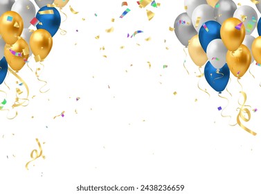 Celebration background with blue balloons and confetti. Vector illustration.