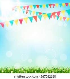 Celebration background with buntings grass and sunlight on sky background