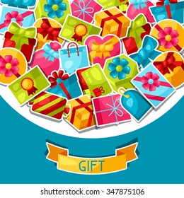 Celebration background or card with colorful sticker gift boxes.