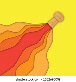 Celebration background of a champagne cork flying through the air, with a paper cut trail of liquid. EPS10 vector format.
