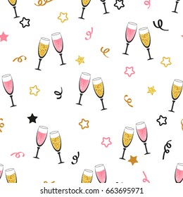 Celebration Background With Champagne Glasses. Seamless Christmas Or New Year Vector Pattern.