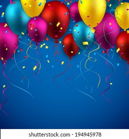 Celebration background with colorful balloons and confetti. Vector illustration. 