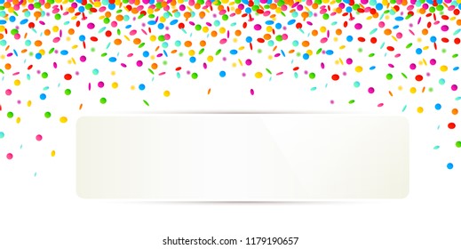 celebration background with colorful confetti on white background and white banner for copy space vector illustration EPS10