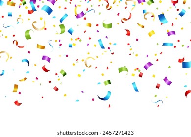 Celebration background with colorful confetti and ribbons. Vector illustration.