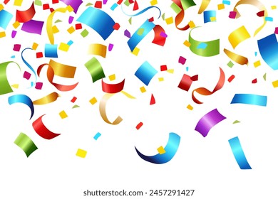 Celebration background with colorful confetti and ribbons. Vector illustration.