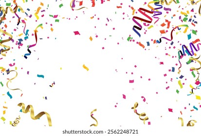 Celebration background with colorful confetti and ribbons. Vector illustration.