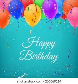 Celebration background with colorful confetti, ribbons and balloons.Happy birthday greeting card template. Vector Illustration