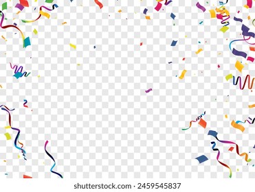 Celebration background. Colorful confetti and streamers on transparent background