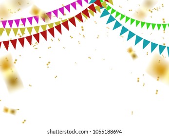 celebration background with colorful party flag and drop gold conffetti on white 