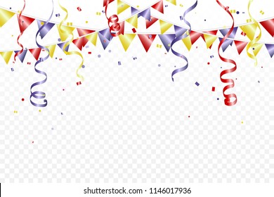 Celebration Background With Colorful Party Flag With Confetti And Streamer Ribbons Falling. Happy Birthday and Congratulations. Multicolored. Vector