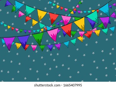 Celebration background with colorful party flags at night with stars on turquoise background.