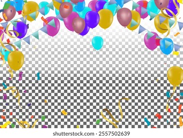 Celebration background with confetti and balloons. Vector illustration.