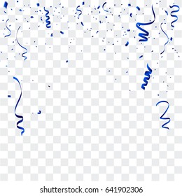 Fondo de celebración con confeti azul. Aislado sobre fondo transparente blanco. Ilustración vectorial eps 10.