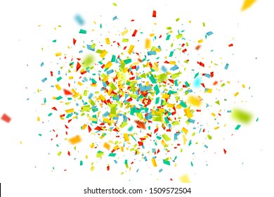 Celebration background with confetti. Holiday illustration with flying colorful particles of paper from cracker on white background