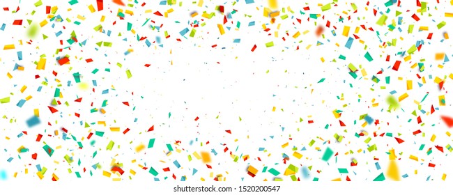 Celebration background with confetti. Holiday illustration with flying colorful particles of paper from cracker on white background