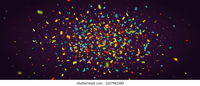 Celebration background with confetti. Holiday illustration with flying colorful particles of paper from cracker on dark background