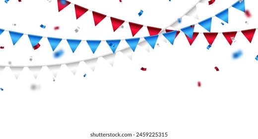 Celebration background with confetti red and blue with beautiful party flags Vector illustration