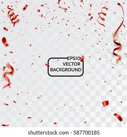 Celebration background with confetti and red ribbons. Isolated on white transparent background. Vector Illustration, eps 10
