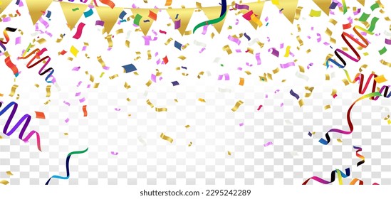 Celebration background with confetti and ribbons. Vector illustration.