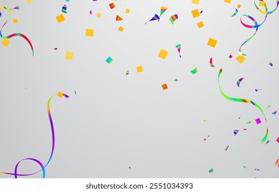 Fondo de celebración con confeti y cintas. Ilustración vectorial.