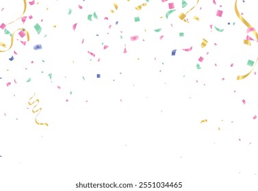 Fundo de celebração com confetes e fitas. Ilustração vetorial.