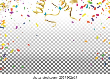 Celebration background with confetti and ribbons. Vector illustration.