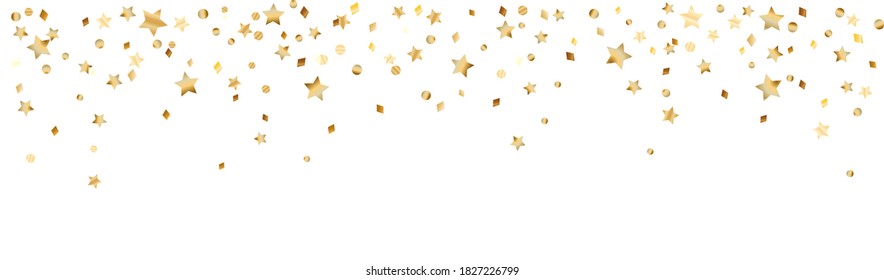 Celebration background with decoration isolated on white. Falling stars confetti, holiday border. Festive golden frame. For Christmas, New Year banners, birthday or wedding invitations, party flyers