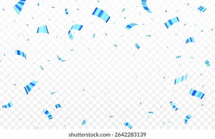 Fondo de celebración de confeti azul caída y brillo sobre un fondo transparente. Cintas del carnaval de la celebración, Ilustración vectorial del confeti