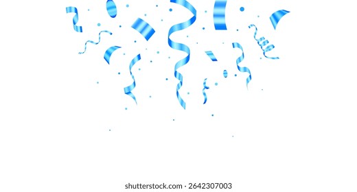Celebration background with falling blue confetti and ribbons on transparent background.