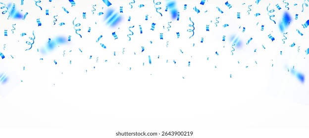 Fondo de celebración con confeti azul caída y cintas sobre fondo blanco. 