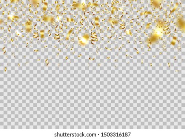 Celebration background with falling golden confetti. Merry Christmas and Happy New Year holiday. Award ceremony decoration design element. Glossy festive serpentine isolated vector illustration
