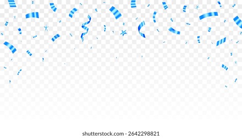 Celebration background with falling shiny blue confetti, ribbons and stars over transparent background. confetti,