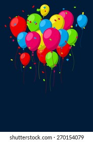 Celebration background with flat balloons and confetti. Vector illustration. 