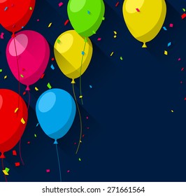 Celebration background with flat balloons and confetti. Vector illustration. 