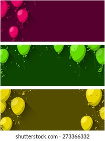 Celebration background with flat balloons and confetti. Vector illustration. 