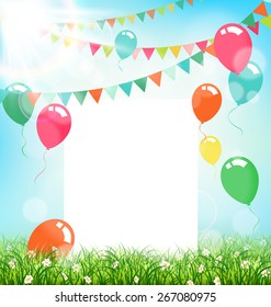 Celebration background with frame buntings air balls grass and sunlight on sky background