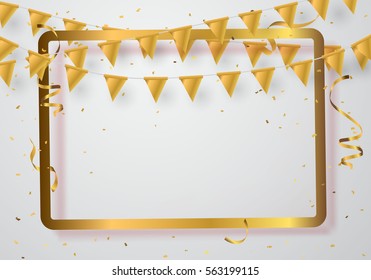Celebration background frame flags template with confetti and gold ribbons. Vector illustration
