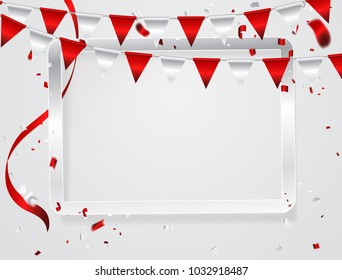 Celebration background frame template with confetti and red ribbons. Vector illustration