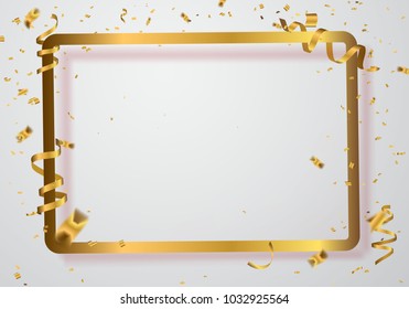 Celebration background frame template with confetti and gold White ribbons. Vector illustration