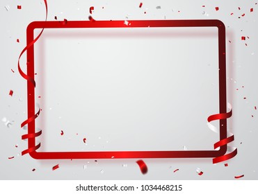 Celebration background frame template with confetti and red White ribbons. Vector illustration