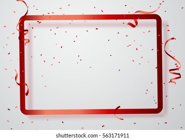 Celebration Background Frame Template With Confetti And Red Ribbons. Vector Illustration