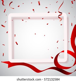 Celebration background frame template with confetti and red ribbons.