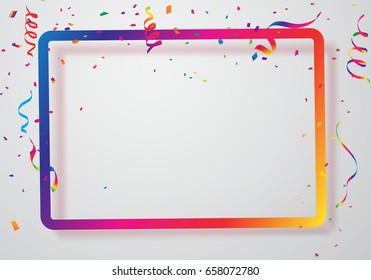 Celebration background frame template with confetti and Colorful ribbons. Vector illustration
