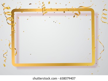 Celebration background frame template with confetti and Gold ribbons. Vector illustration