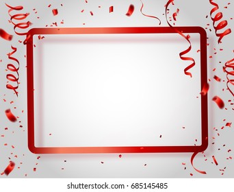 Modelo de quadro de fundo de celebração com confetes e fitas vermelhas. Ilustração vetorial