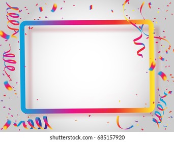 Celebration background frame template with confetti and Colorful ribbons.