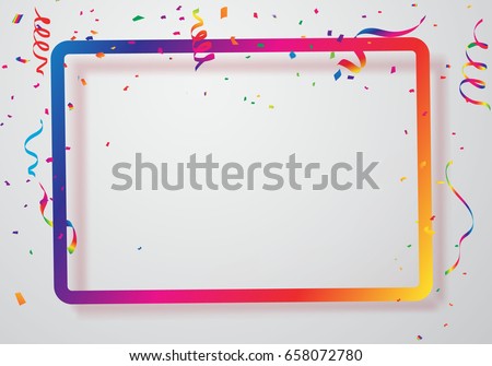 Celebration background frame template with confetti and Colorful ribbons. Vector illustration