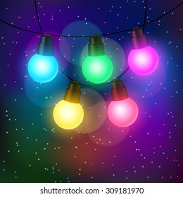 Celebration background with garland of bulbs glowing.