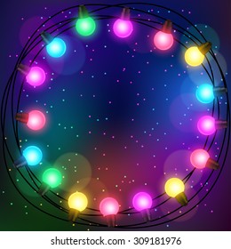 Celebration background with garland of bulbs glowing.