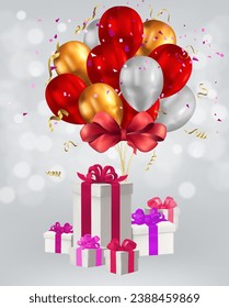 Celebration background with gift boxes and balloons. Vector illustration.